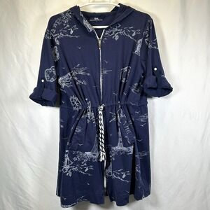 Lands End Deep Nautical Hooded Swimsuit Front Zip Cover up Princess Cruise Large
